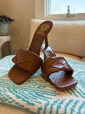 Vince Camuto Cognac Woven Leather Slide Sandals
